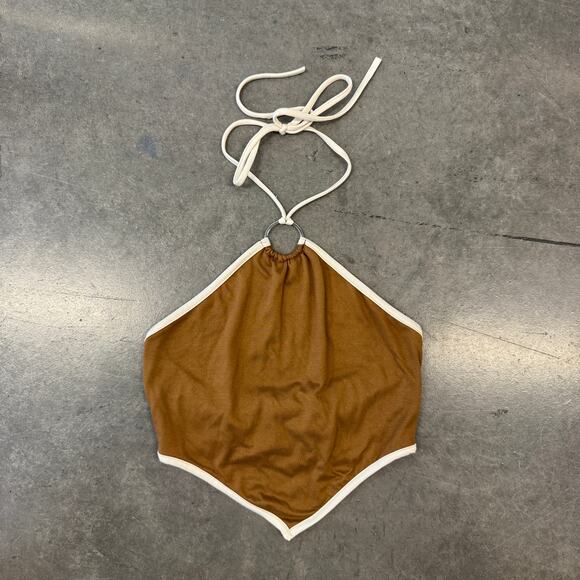 Vintage Y2K Suede Brown Cream Halter Tie Tank Top Small - Picture 1 of 4
